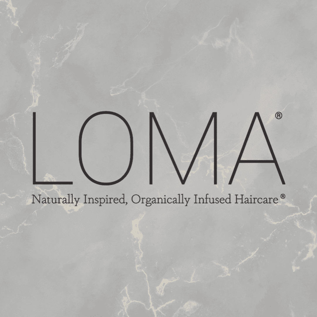 LOMA logo with tagline "Naturally Inspired, Organically Infused Haircare" on marble background.